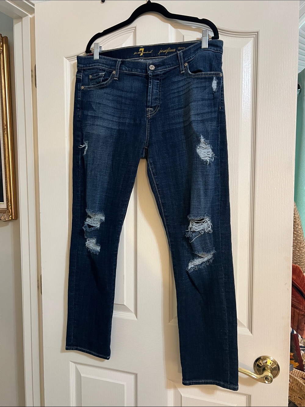 7 For All Mankind Dark Blue Distressed Josefina Skinny Boyfriend Jeans
